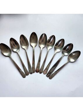 Vintage Teaspoons Set of 9 Ornate Handles Silverplate Flatware Silverware Lot